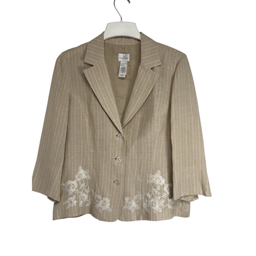 Emma James Linen Blend Floral Embroidered Blazer Beige Striped Women’s 12